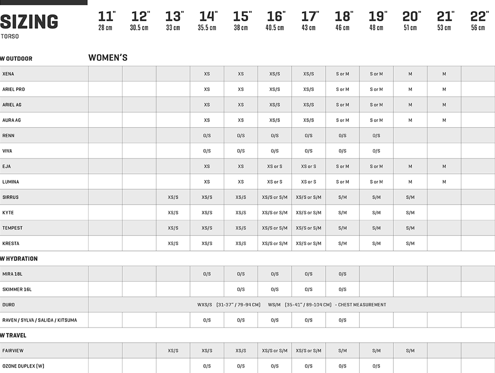 Osprey fairview outlet size chart